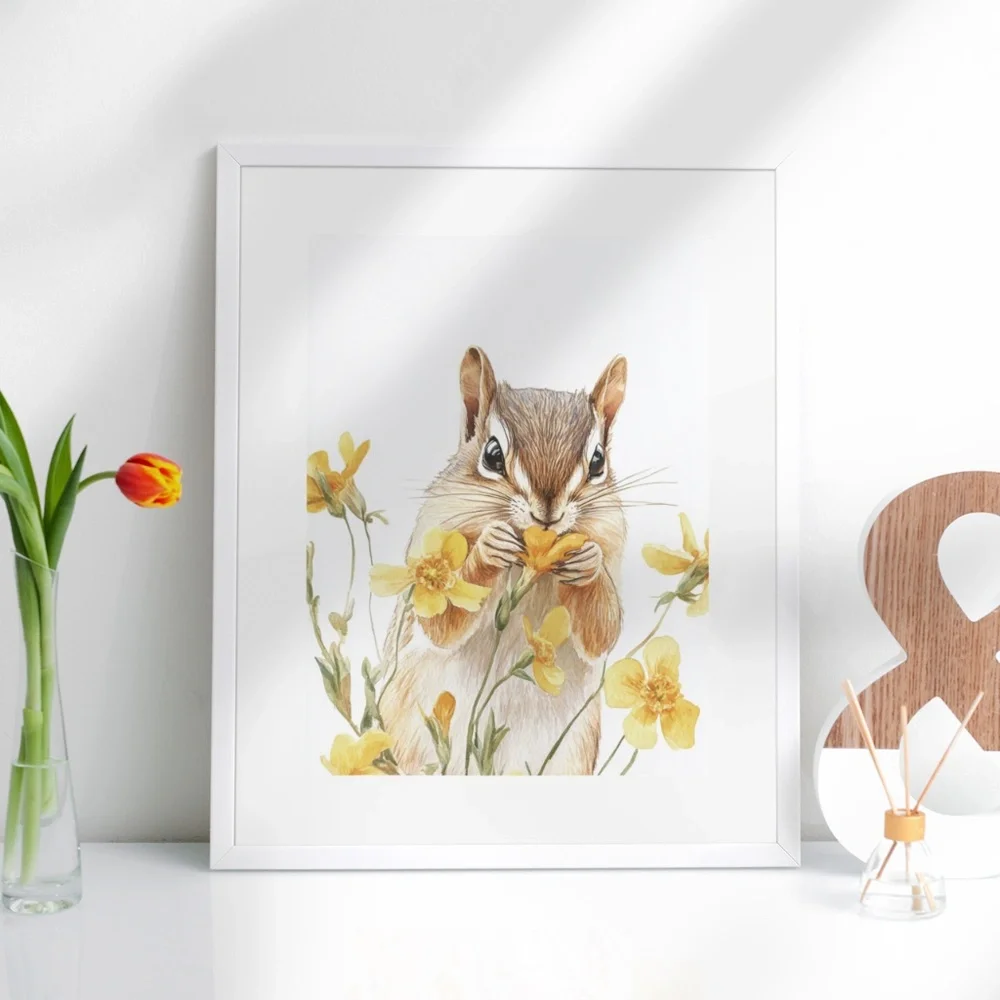Watercolor Floral Chipmunk Portrait Wall Art Illustration Print Poster Unframed - Picture 4 of 9